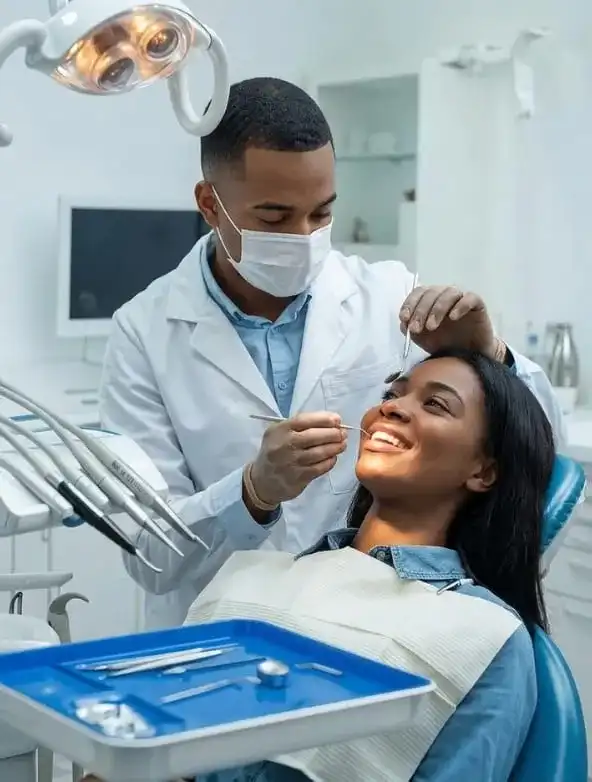 Dentist treating a smiling patient at Garden Family Dental Centre